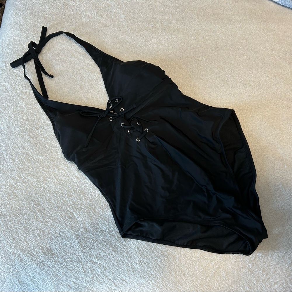 Adore Me large black v-neck lace up tie one piece bathing suit swim suit NWT - Picture 2 of 6